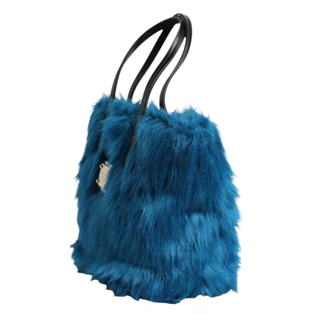 Dolce & Gabbana Blue Fur Logo Plaque Double Handle Shoulder Bag - Beyzy Store - Dolce & Gabbana