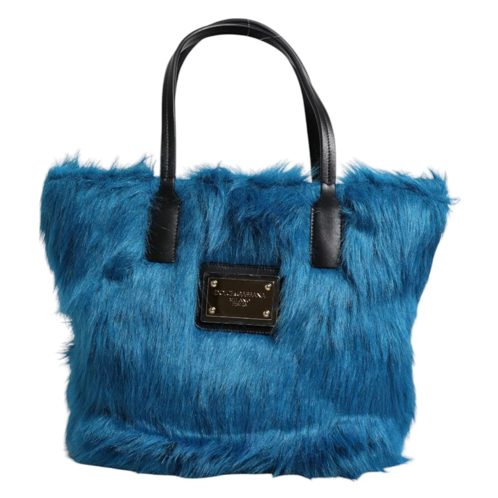 Dolce & Gabbana Blue Fur Logo Plaque Double Handle Shoulder Bag - Beyzy Store - Dolce & Gabbana