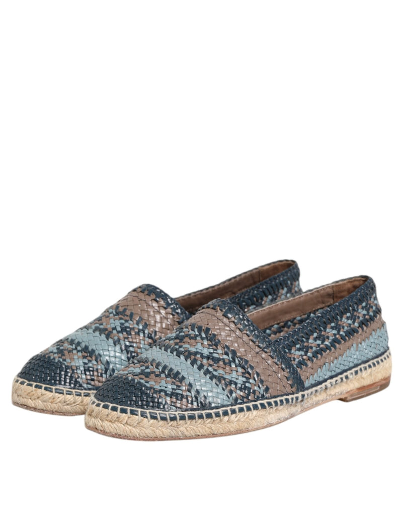Dolce & Gabbana Blue Gray Woven Leather Buffalo Espadrille Shoes - Beyzy Store - Dolce & Gabbana