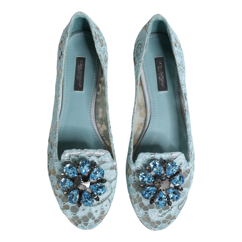 Dolce & Gabbana Blue Lace Crystal Ballet Flats Loafers Shoes - Beyzy Store - Dolce & Gabbana