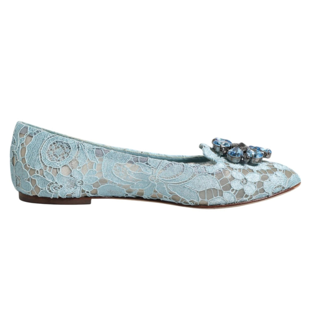 Dolce & Gabbana Blue Lace Crystal Ballet Flats Loafers Shoes - Beyzy Store - Dolce & Gabbana