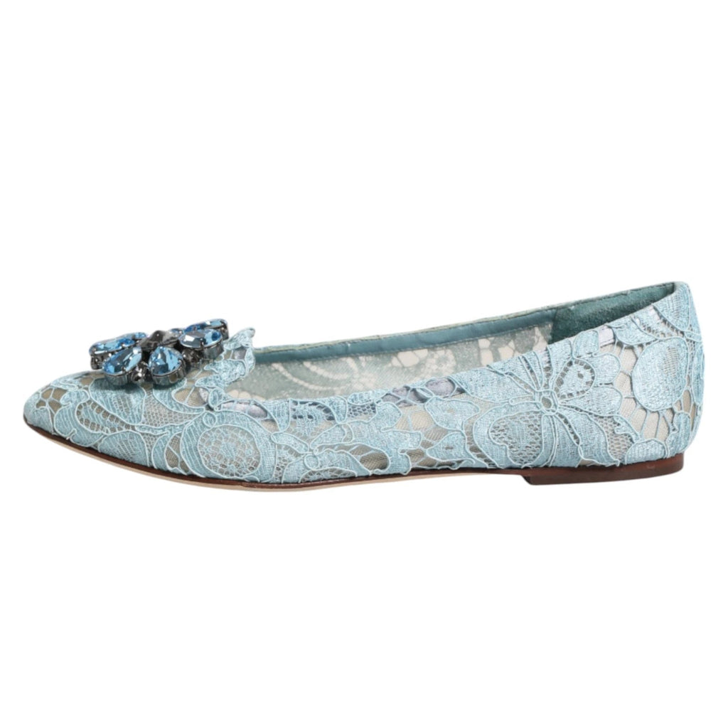 Dolce & Gabbana Blue Lace Crystal Ballet Flats Loafers Shoes - Beyzy Store - Dolce & Gabbana