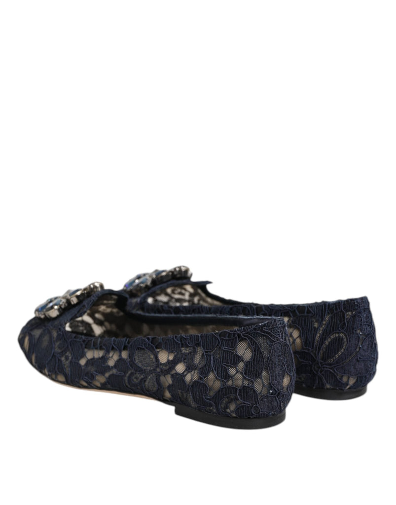 Dolce & Gabbana Blue Taormina Lace Crystals Flats Shoes - Beyzy Store - Dolce & Gabbana