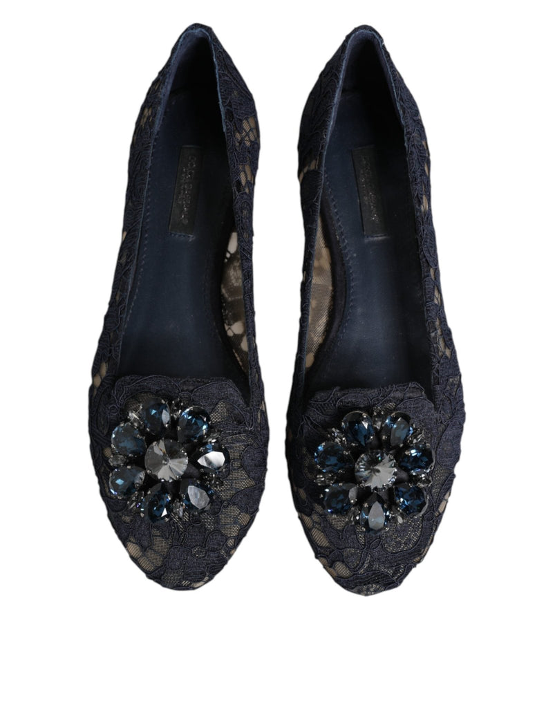 Dolce & Gabbana Blue Taormina Lace Crystals Flats Shoes - Beyzy Store - Dolce & Gabbana
