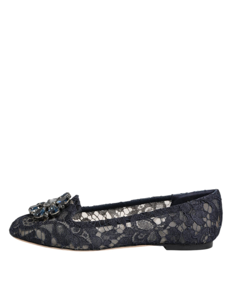 Dolce & Gabbana Blue Taormina Lace Crystals Flats Shoes - Beyzy Store - Dolce & Gabbana