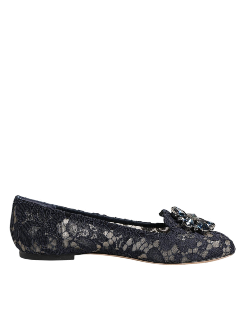 Dolce & Gabbana Blue Taormina Lace Crystals Flats Shoes - Beyzy Store - Dolce & Gabbana