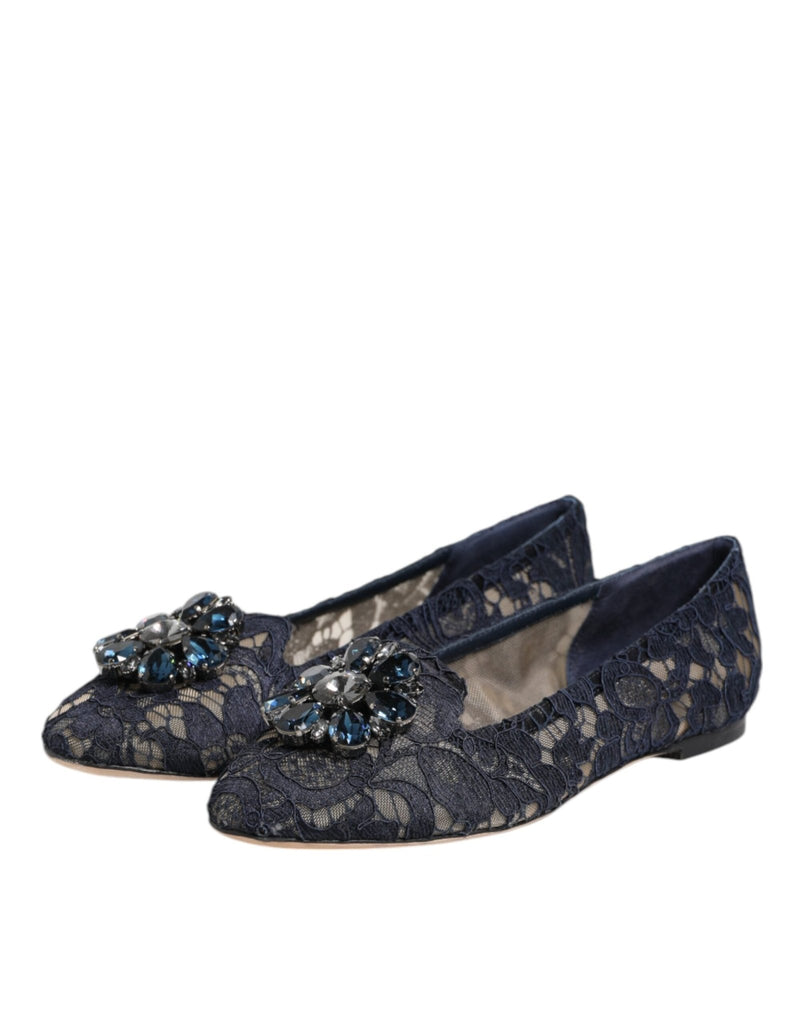 Dolce & Gabbana Blue Taormina Lace Crystals Flats Shoes - Beyzy Store - Dolce & Gabbana
