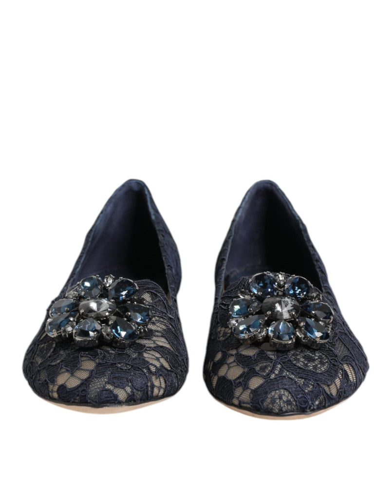 Dolce & Gabbana Blue Taormina Lace Crystals Flats Shoes - Beyzy Store - Dolce & Gabbana