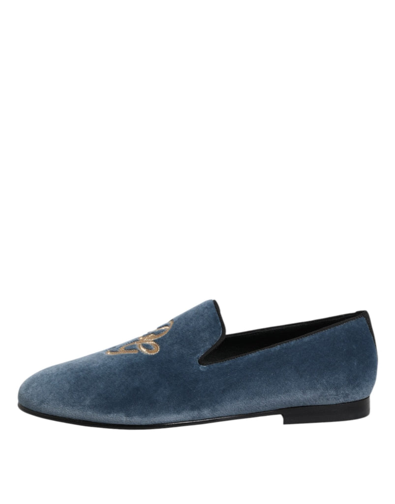 Dolce & Gabbana Blue Velvet DG Logo Loafers Formal Shoes - Beyzy Store - Dolce & Gabbana