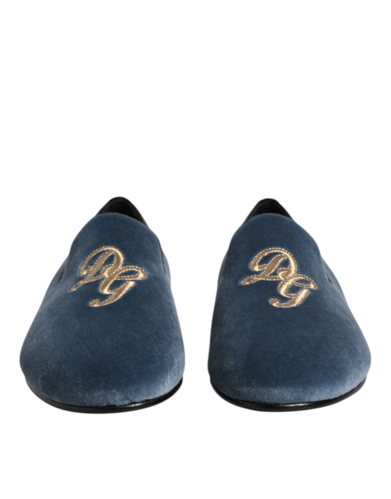 Dolce & Gabbana Blue Velvet DG Logo Loafers Formal Shoes - Beyzy Store - Dolce & Gabbana