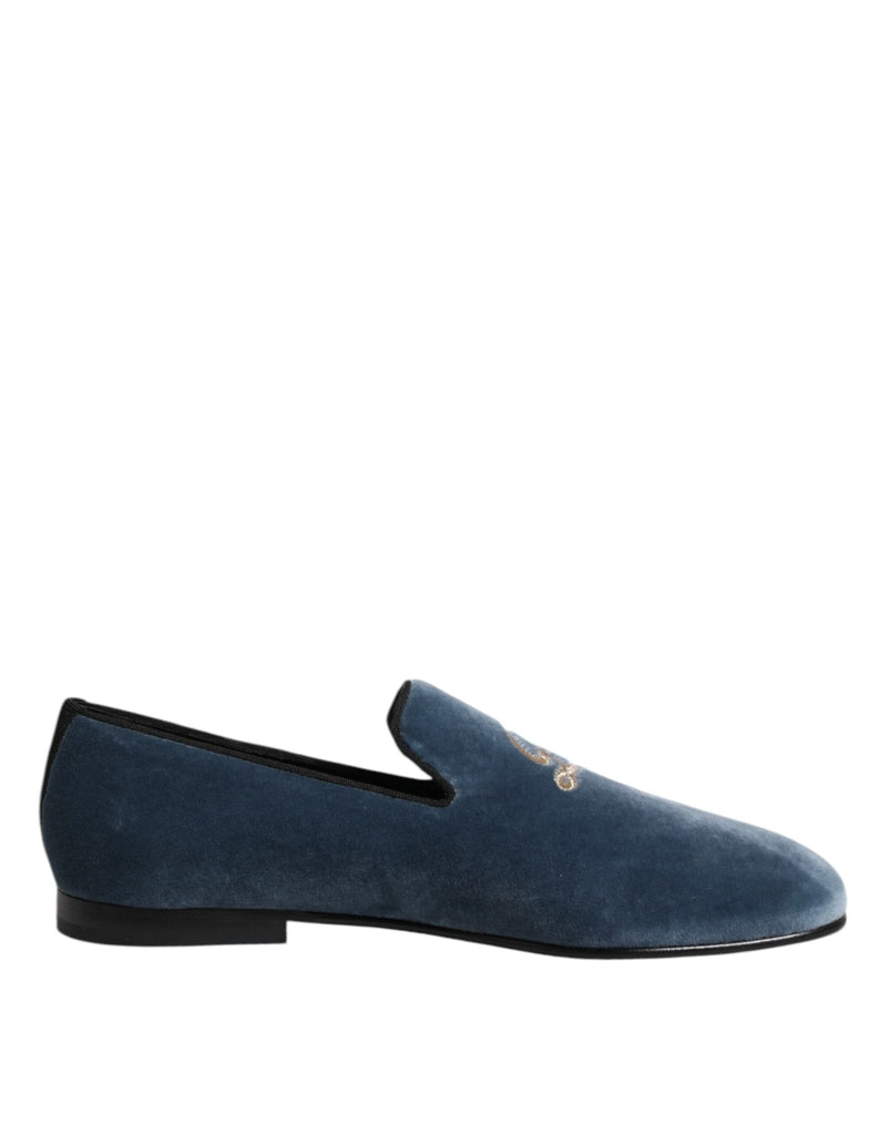 Dolce & Gabbana Blue Velvet DG Logo Loafers Formal Shoes - Beyzy Store - Dolce & Gabbana