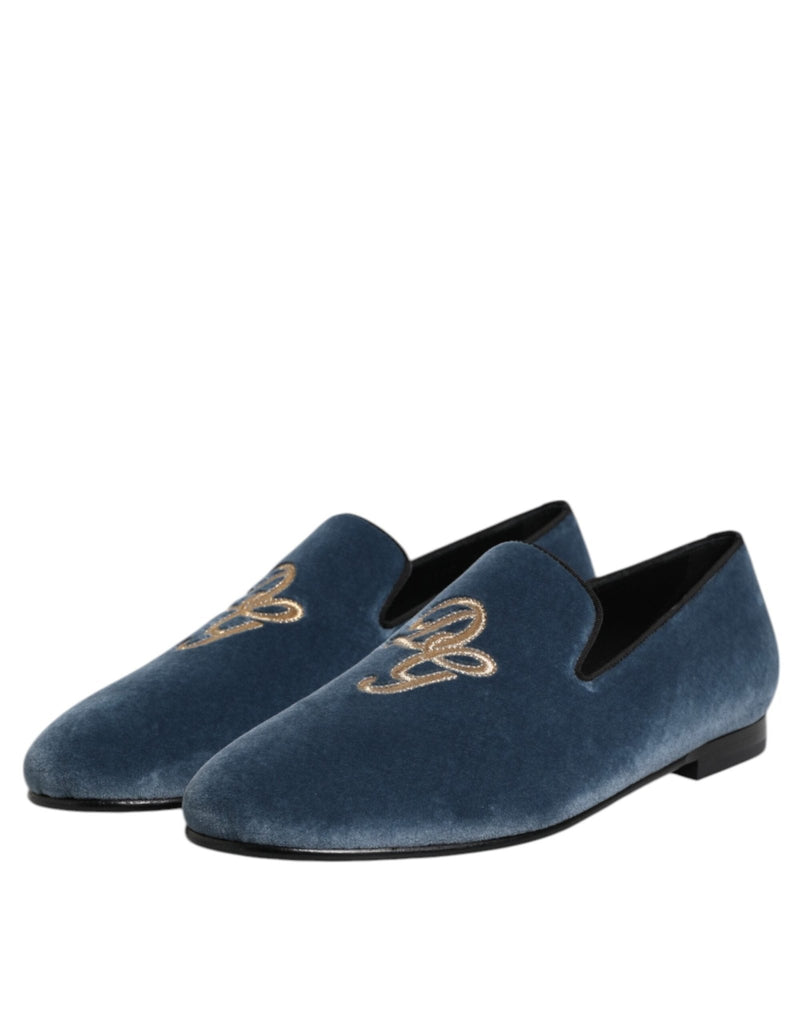 Dolce & Gabbana Blue Velvet DG Logo Loafers Formal Shoes - Beyzy Store - Dolce & Gabbana