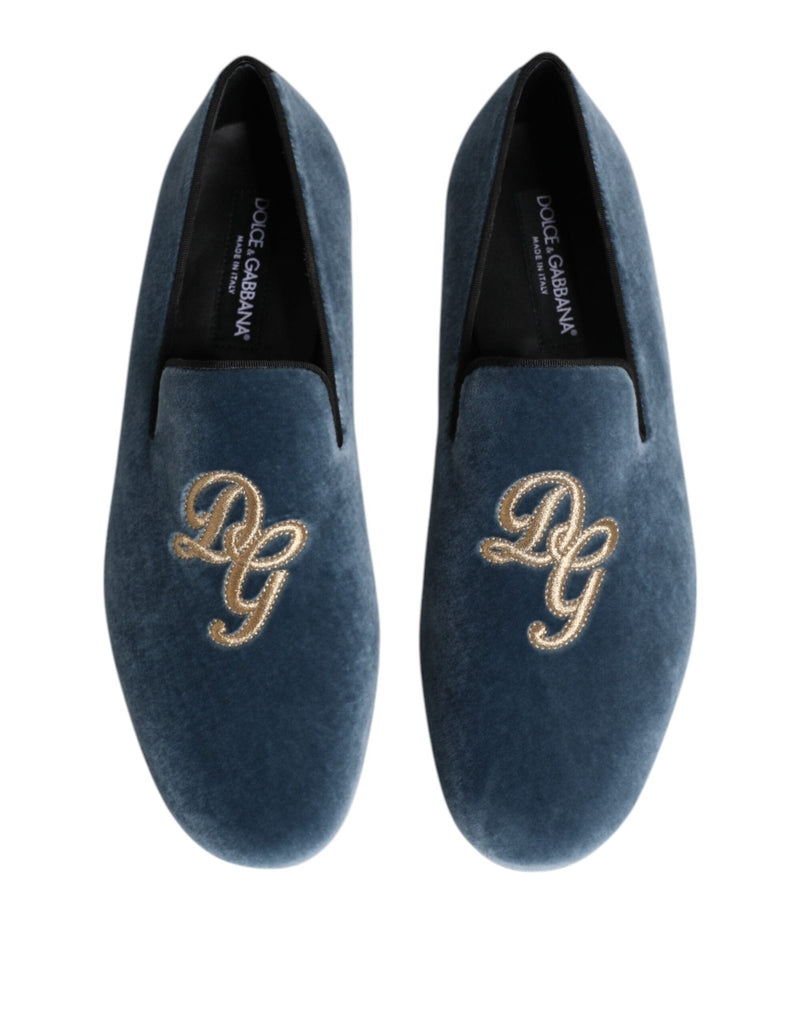 Dolce & Gabbana Blue Velvet DG Logo Loafers Formal Shoes - Beyzy Store - Dolce & Gabbana