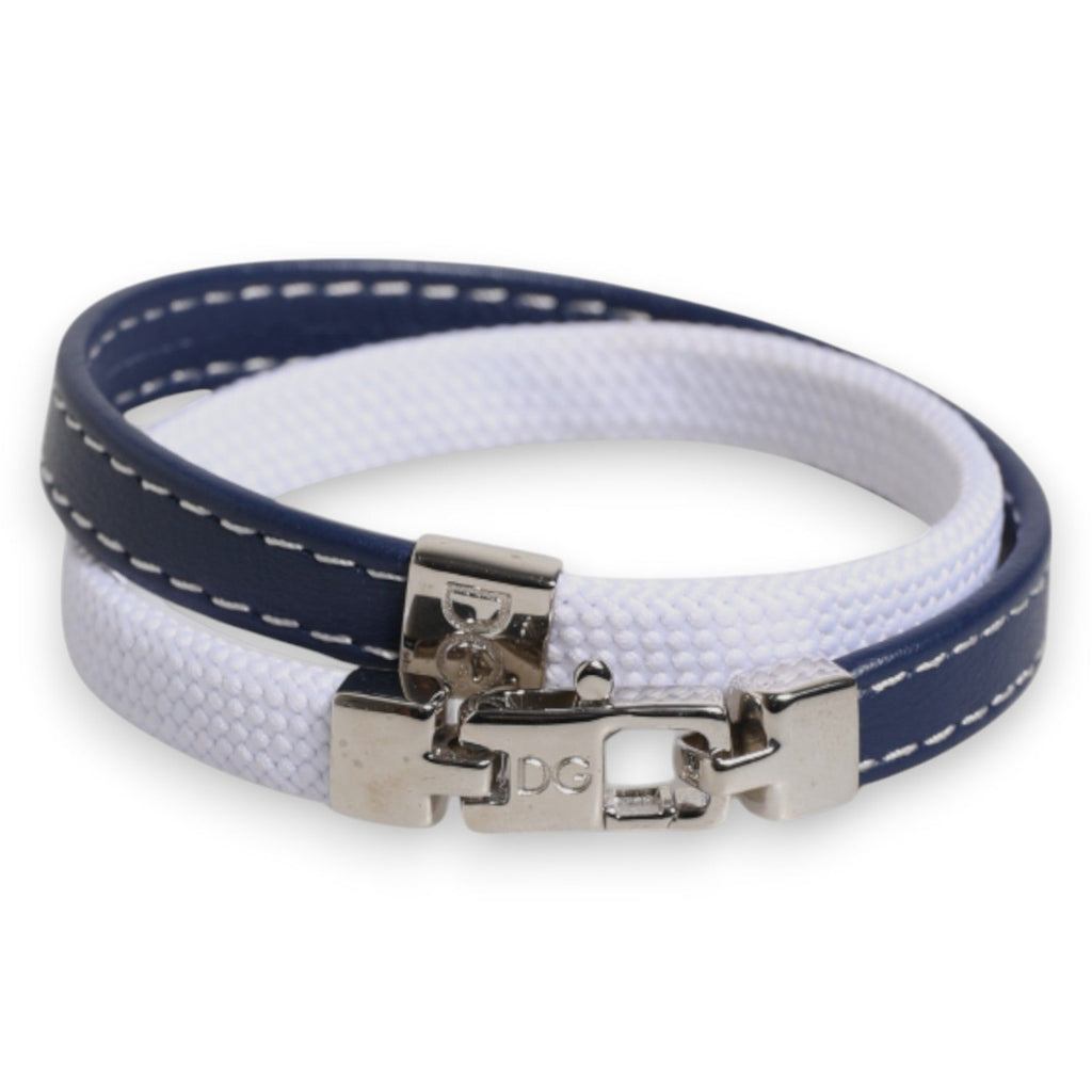 Dolce & Gabbana Blue White Leather Trimmed DG Engraved Silver Tone Clasp Bracelet - Beyzy Store - Dolce & Gabbana