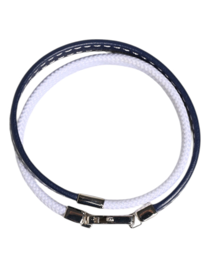 Dolce & Gabbana Blue White Leather Trimmed DG Engraved Silver Tone Clasp Bracelet - Beyzy Store - Dolce & Gabbana