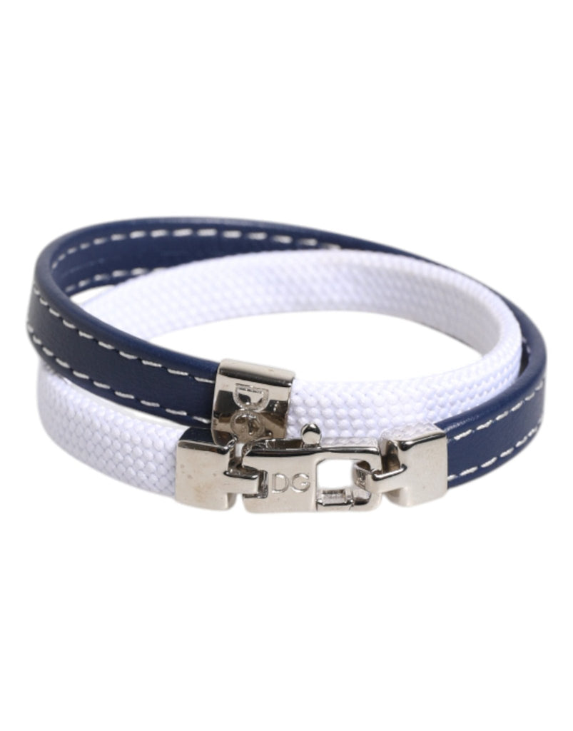 Dolce & Gabbana Blue White Leather Trimmed DG Engraved Silver Tone Clasp Bracelet - Beyzy Store - Dolce & Gabbana