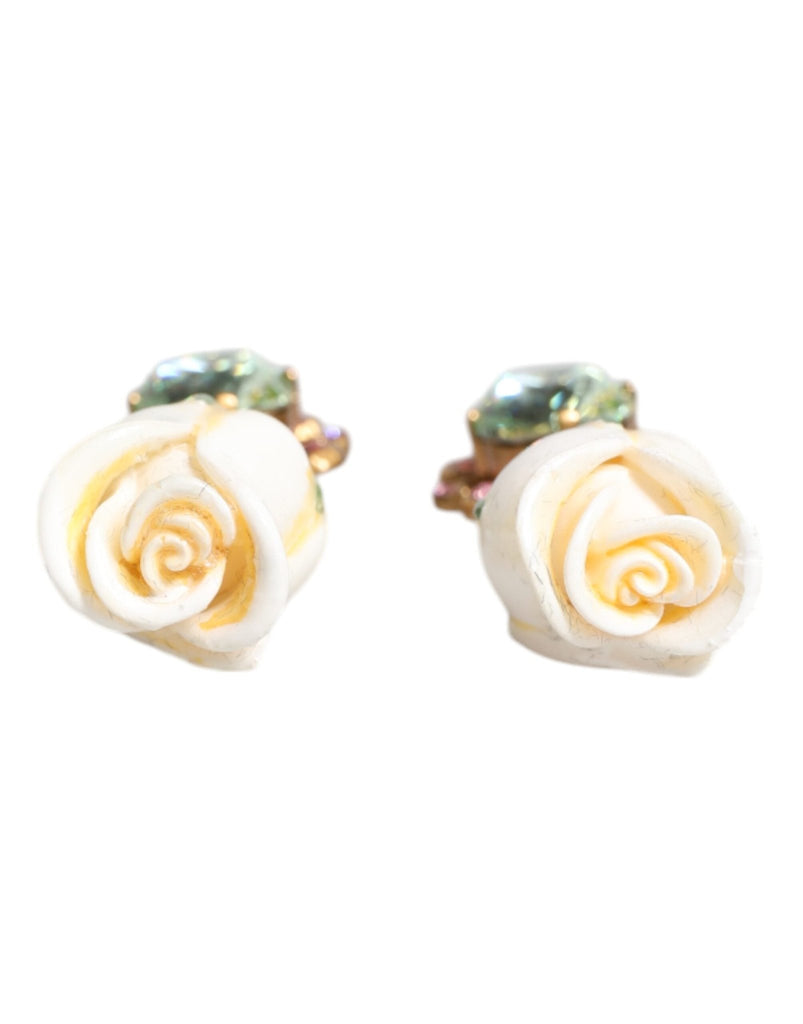 Dolce & Gabbana Brass White Flower Bloom Crystal Clip Dangling Earrings - Beyzy Store - Dolce & Gabbana