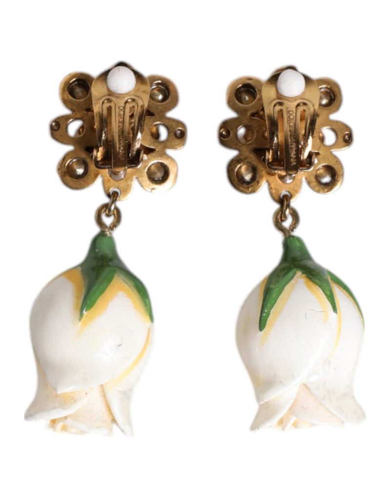 Dolce & Gabbana Brass White Flower Bloom Crystal Clip Dangling Earrings - Beyzy Store - Dolce & Gabbana