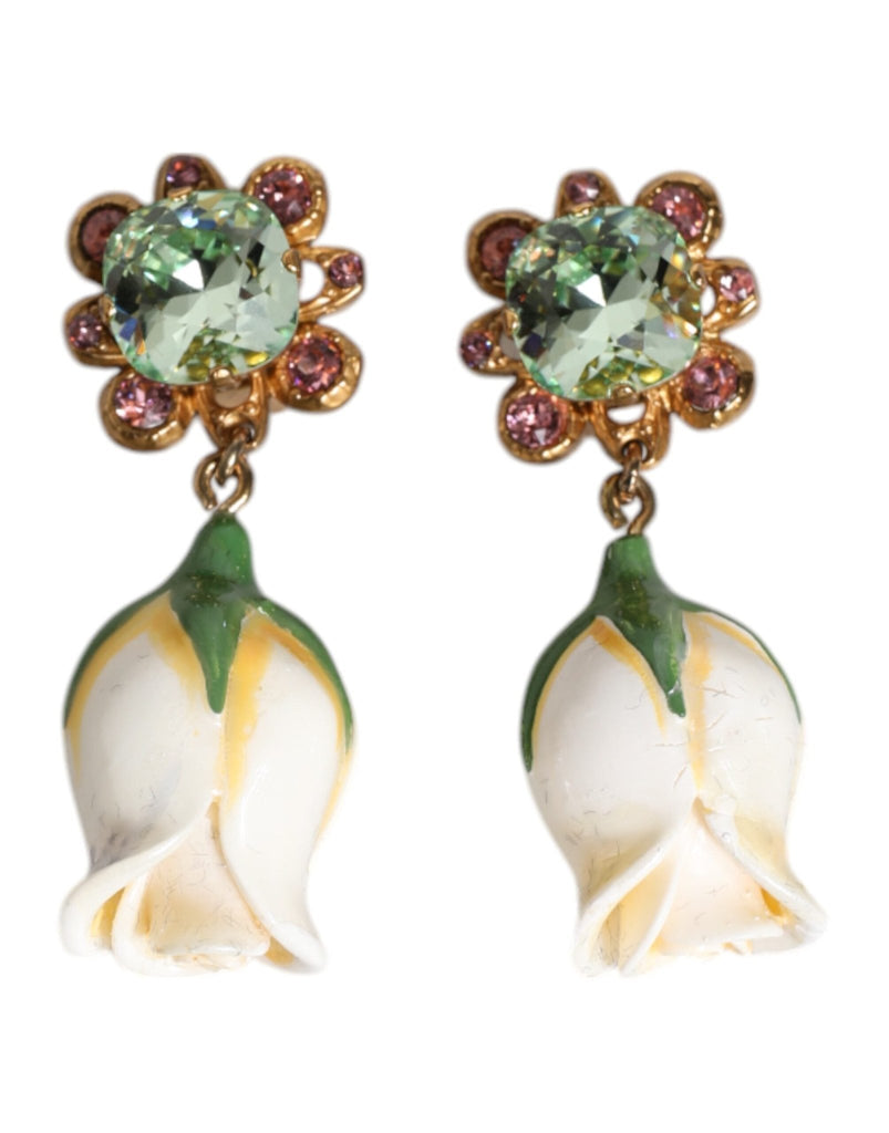 Dolce & Gabbana Brass White Flower Bloom Crystal Clip Dangling Earrings - Beyzy Store - Dolce & Gabbana