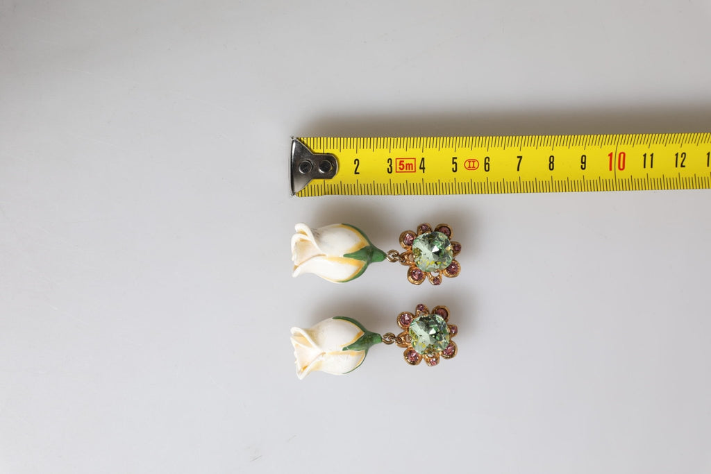 Dolce & Gabbana Brass White Flower Bloom Crystal Clip Dangling Earrings - Beyzy Store - Dolce & Gabbana