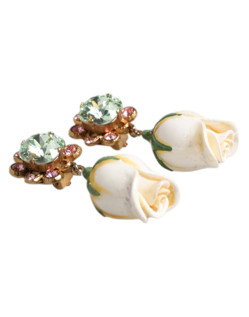 Dolce & Gabbana Brass White Flower Bloom Crystal Clip Dangling Earrings - Beyzy Store - Dolce & Gabbana