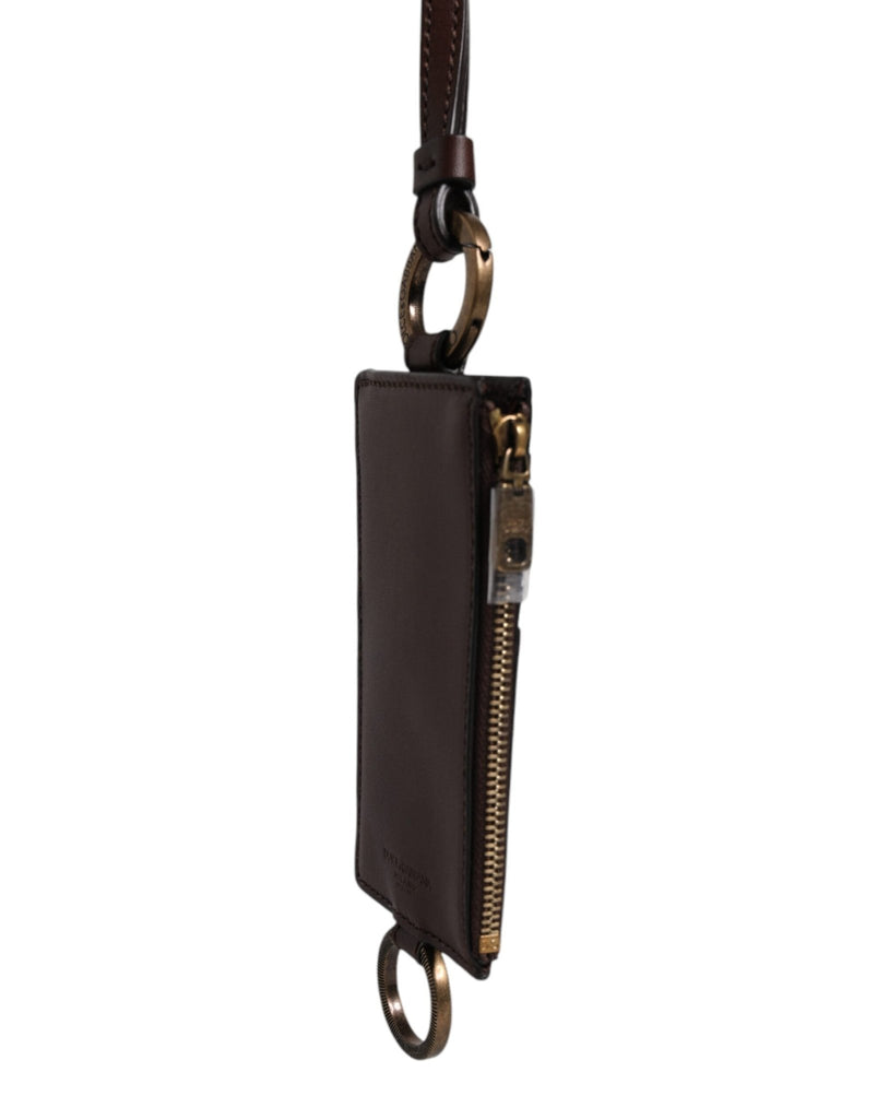 Dolce & Gabbana Brown Calf Leather Lanyard Logo Card Holder Wallet - Beyzy Store - Dolce & Gabbana