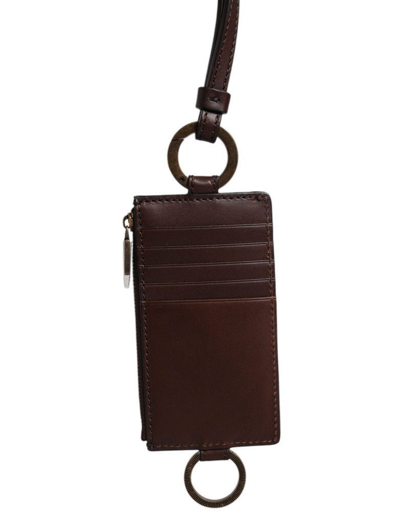 Dolce & Gabbana Brown Calf Leather Lanyard Logo Card Holder Wallet - Beyzy Store - Dolce & Gabbana