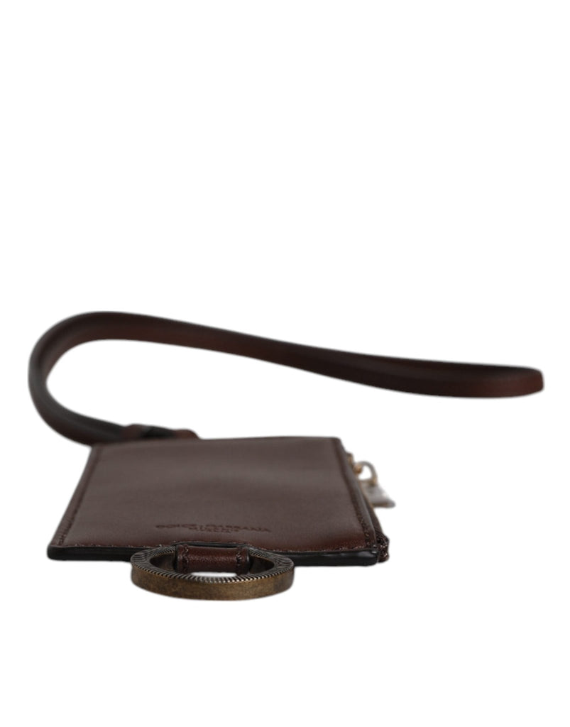 Dolce & Gabbana Brown Calf Leather Lanyard Logo Card Holder Wallet - Beyzy Store - Dolce & Gabbana