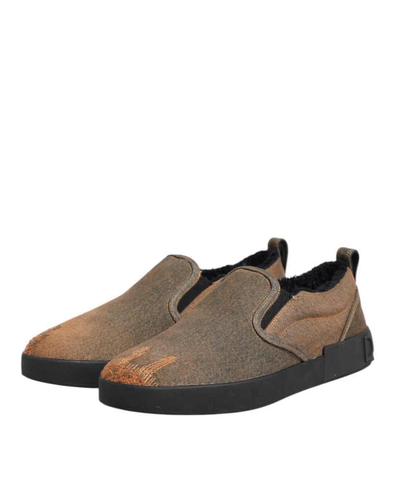 Dolce & Gabbana Brown Cotton Low Top Slip On Sneakers Shoes - Beyzy Store - Dolce & Gabbana