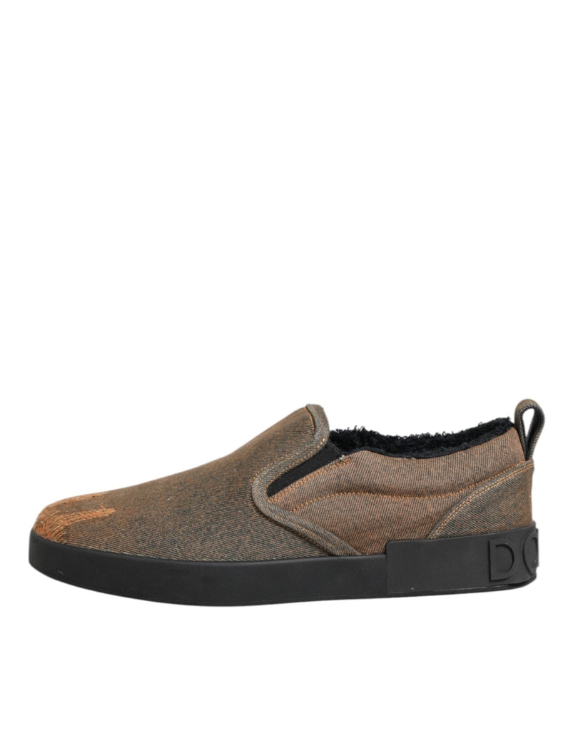 Dolce & Gabbana Brown Cotton Low Top Slip On Sneakers Shoes - Beyzy Store - Dolce & Gabbana