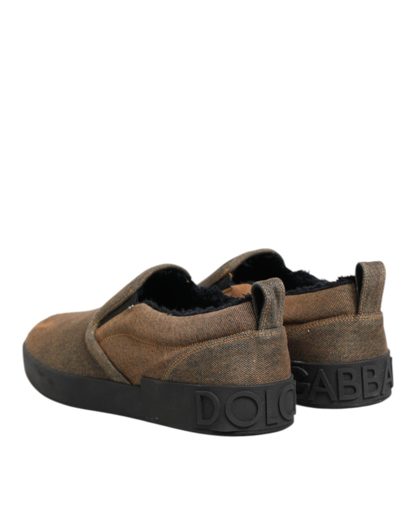 Dolce & Gabbana Brown Cotton Low Top Slip On Sneakers Shoes - Beyzy Store - Dolce & Gabbana