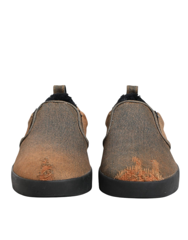 Dolce & Gabbana Brown Cotton Low Top Slip On Sneakers Shoes - Beyzy Store - Dolce & Gabbana