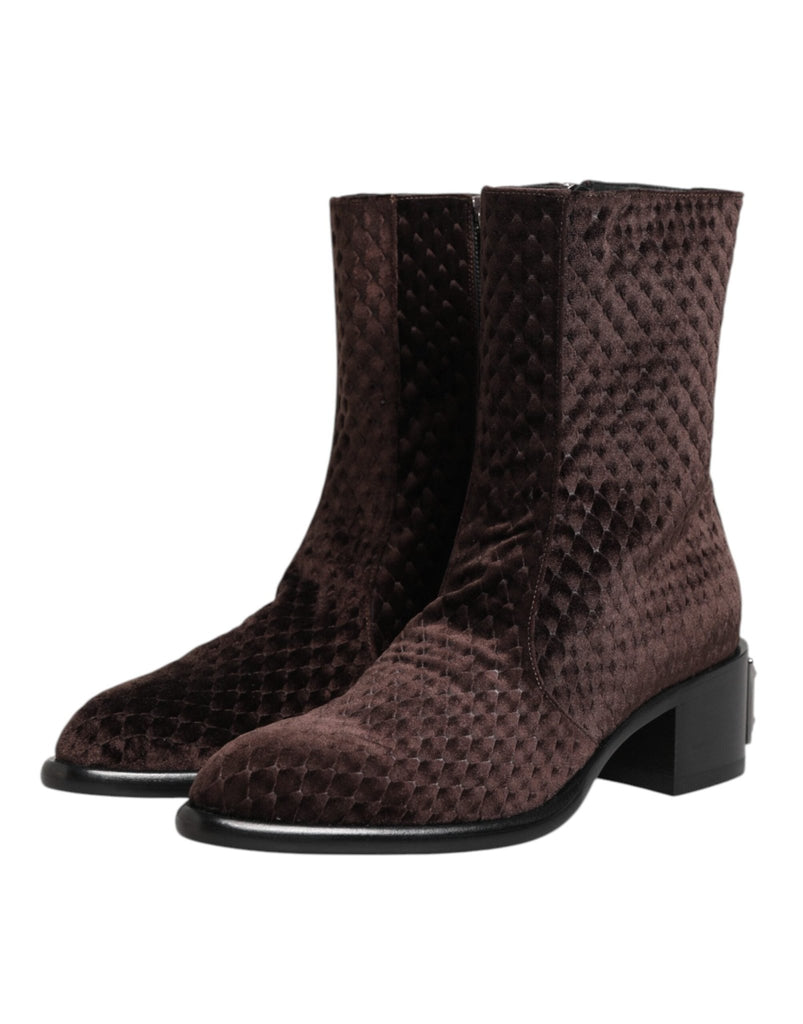 Dolce & Gabbana Brown Cotton Velvet Mid Calf Short Boots Shoes - Beyzy Store - Dolce & Gabbana