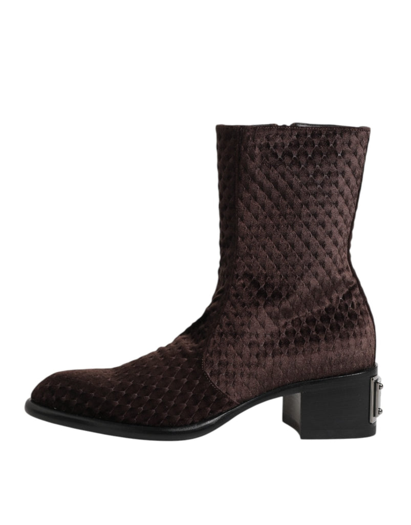 Dolce & Gabbana Brown Cotton Velvet Mid Calf Short Boots Shoes - Beyzy Store - Dolce & Gabbana