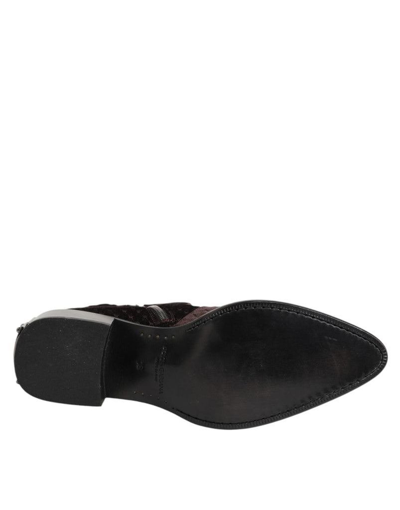 Dolce & Gabbana Brown Cotton Velvet Mid Calf Short Boots Shoes - Beyzy Store - Dolce & Gabbana