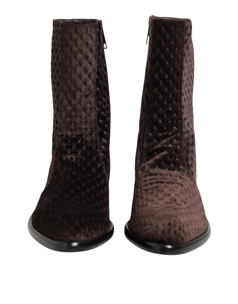 Dolce & Gabbana Brown Cotton Velvet Mid Calf Short Boots Shoes - Beyzy Store - Dolce & Gabbana