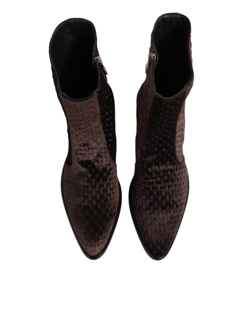 Dolce & Gabbana Brown Cotton Velvet Mid Calf Short Boots Shoes - Beyzy Store - Dolce & Gabbana