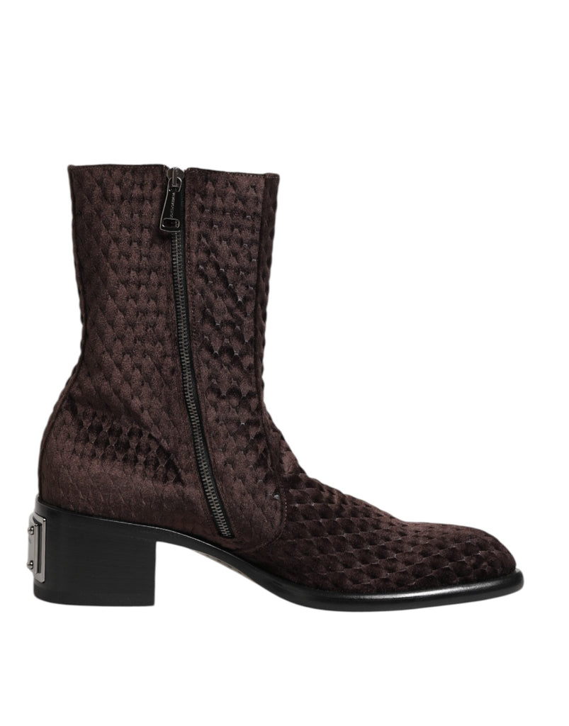 Dolce & Gabbana Brown Cotton Velvet Mid Calf Short Boots Shoes - Beyzy Store - Dolce & Gabbana
