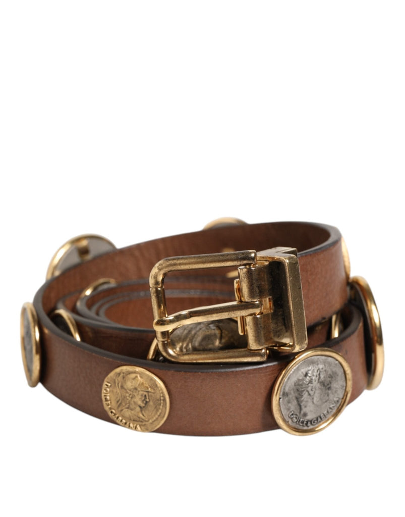Dolce & Gabbana Brown Leather Gold Silver Coin Buckle Belt - Beyzy Store - Dolce & Gabbana