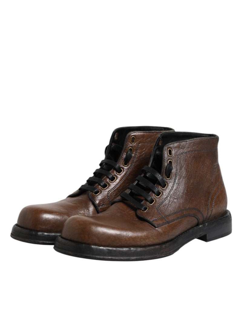 Dolce & Gabbana Brown Leather Lace Up Men Ankle Boots Shoes - Beyzy Store - Dolce & Gabbana