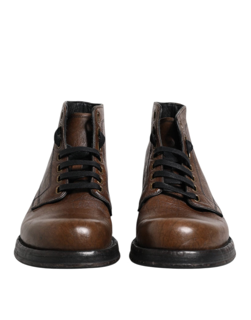 Dolce & Gabbana Brown Leather Lace Up Men Ankle Boots Shoes - Beyzy Store - Dolce & Gabbana