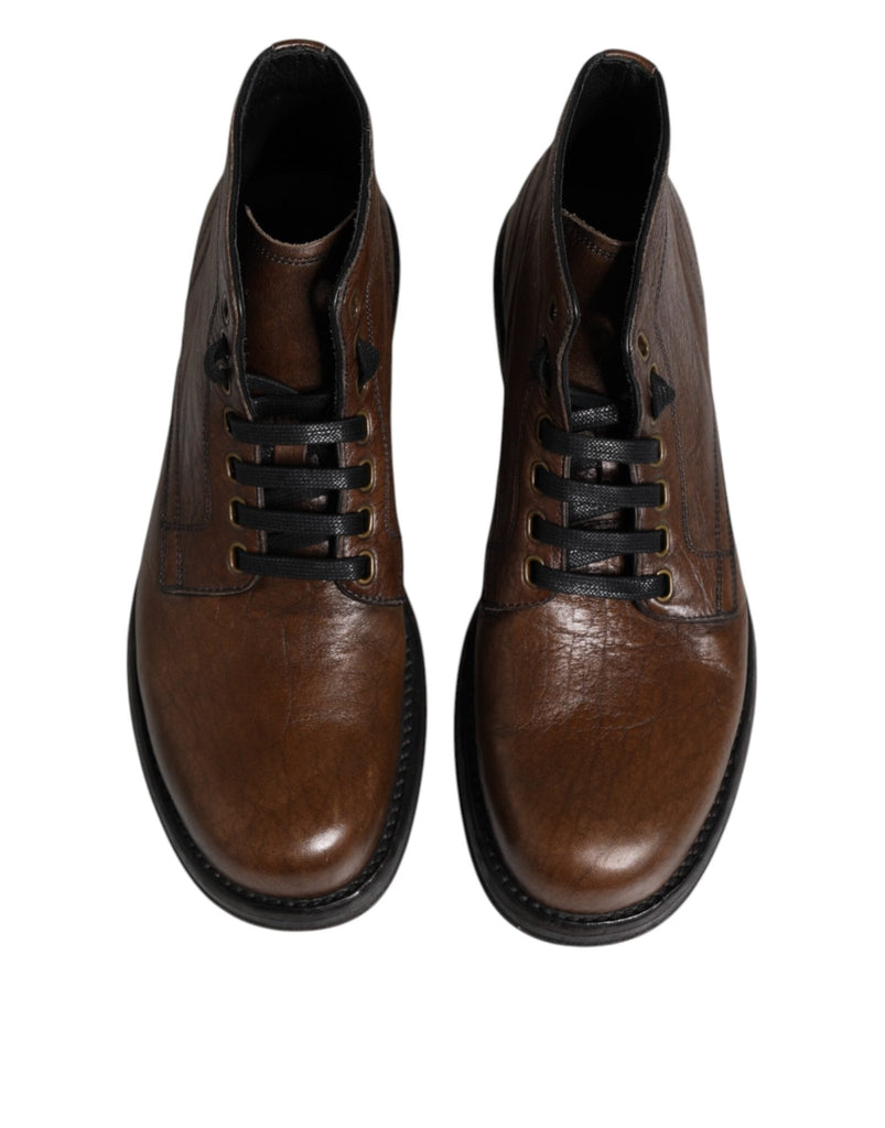 Dolce & Gabbana Brown Leather Lace Up Men Ankle Boots Shoes - Beyzy Store - Dolce & Gabbana
