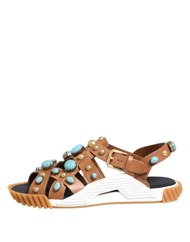 Dolce & Gabbana Brown Leather Studded Slides Sandals Shoes - Beyzy Store - Dolce & Gabbana