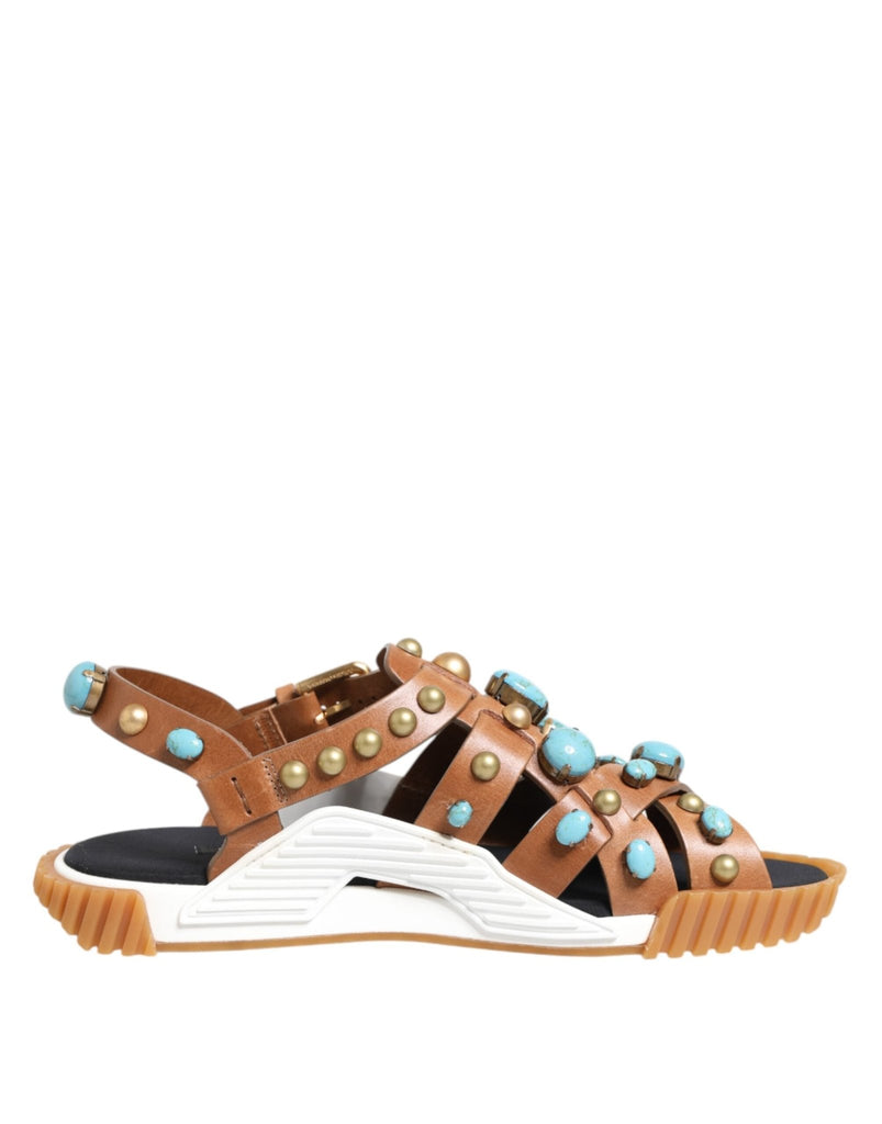 Dolce & Gabbana Brown Leather Studded Slides Sandals Shoes - Beyzy Store - Dolce & Gabbana