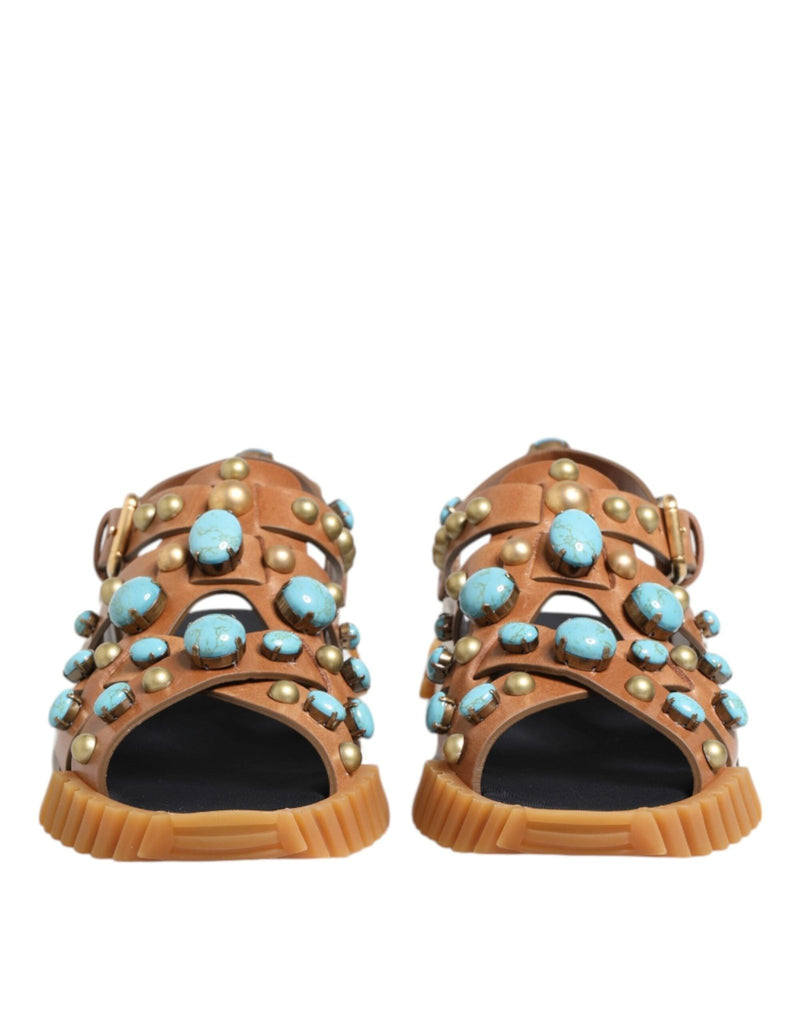 Dolce & Gabbana Brown Leather Studded Slides Sandals Shoes - Beyzy Store - Dolce & Gabbana