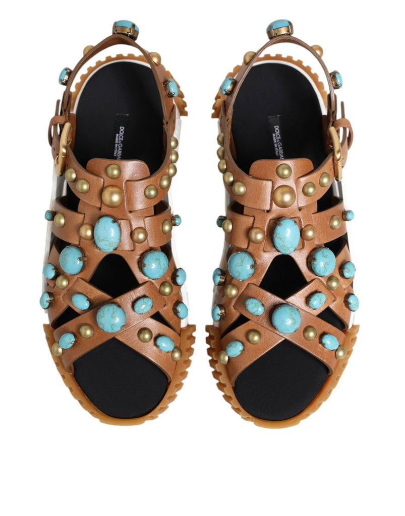 Dolce & Gabbana Brown Leather Studded Slides Sandals Shoes - Beyzy Store - Dolce & Gabbana