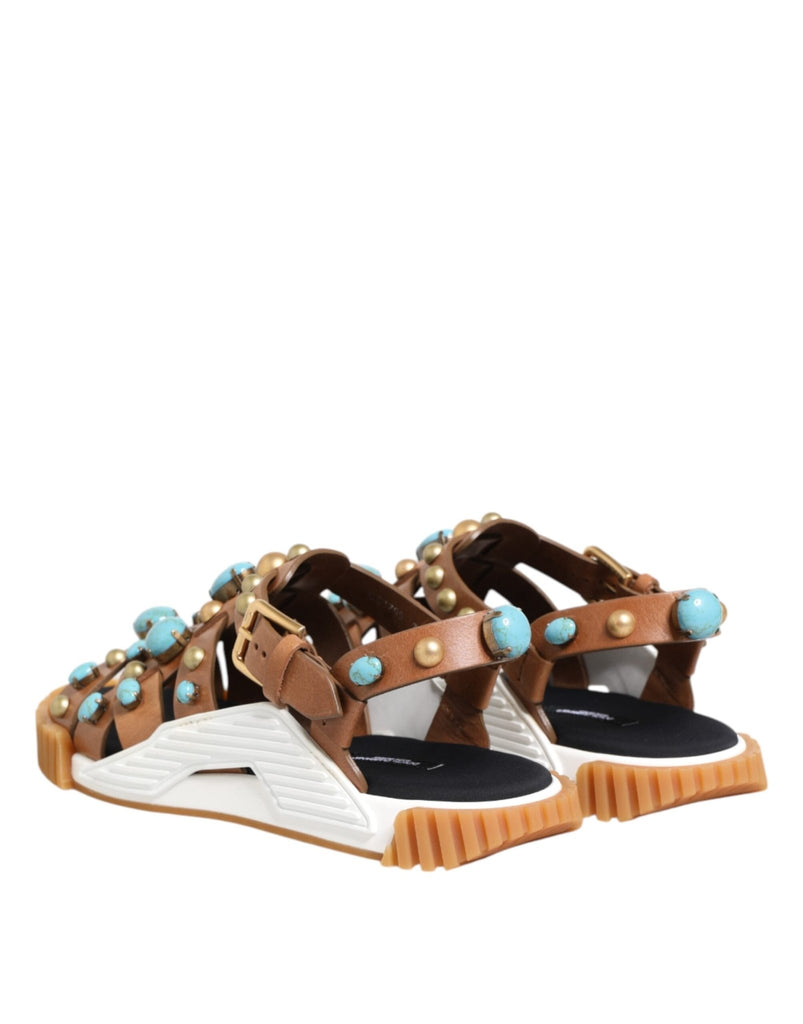 Dolce & Gabbana Brown Leather Studded Slides Sandals Shoes - Beyzy Store - Dolce & Gabbana