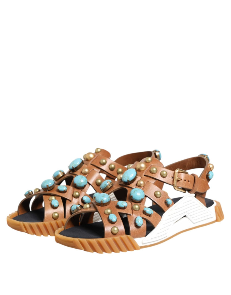 Dolce & Gabbana Brown Leather Studded Slides Sandals Shoes - Beyzy Store - Dolce & Gabbana