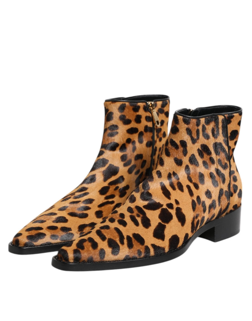 Dolce & Gabbana Brown Leopard Calf Fur Ankle Boots Shoes - Beyzy Store - Dolce & Gabbana