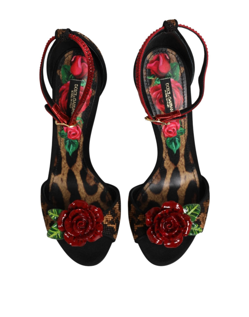 Dolce & Gabbana Brown Leopard Crystal Roses Sandals Shoes - Beyzy Store - Dolce & Gabbana